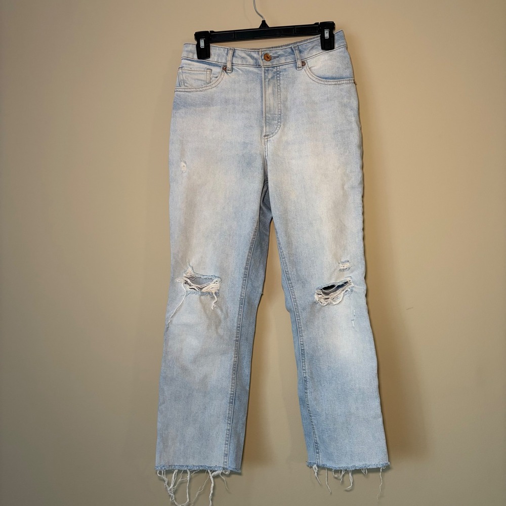 EXPRESS Curvy Mom Jeans Light Wash Distressed Frayed Hem Size 4